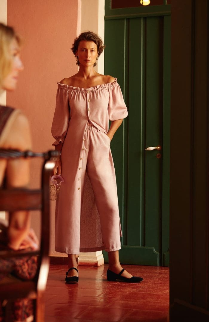 Look rosa buquê ciganinha botão frontal